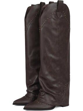 Women's Coffee Shark Studded Fold Over Knee High Boots Pull on Cowgirl Boots